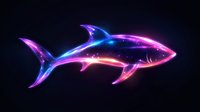 Glowing neon shark silhouette with vibrant pink and blue gradient effect against dark background, luminous marine predator design with starry light details.