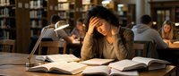 Stressed young mixed-race female student studying late in university library, surrounded by open books under lamp light, exam preparation concept.