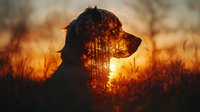 Dog silhouette at sunset with double exposure effect showing forest trees inside, dramatic orange sky and grass field background creates mystical atmosphere.