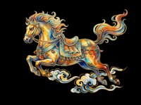 Ornate golden horse with flowing mane and decorative saddle, isolated on transparent background. Ready for t-shirt design, clipart, stickers, sublimation, and print-on-demand projects.