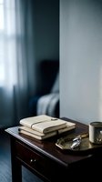 Stacked notebooks with pen and coffee mug on dark wooden desk by window with curtains, creating minimalist workspace ambiance for office, study, and creative projects.