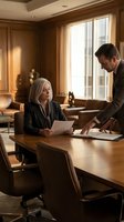 Senior female executive with white hair and male colleague in business meeting at wooden desk in luxury office with floor-to-ceiling windows, reviewing documents together in professional corporate environment.
