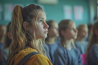 Young female student in yellow hoodie with ponytail looking attentively during class lecture, profile view against blurred classroom background showing engaged learning.