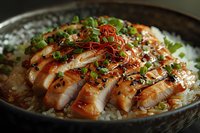 Grilled teriyaki chicken breast sliced and served on steamed white rice, garnished with green onions and chili threads in dark ceramic bowl. Asian cuisine.