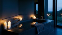Luxurious spa bathtub with lit candles and dark tile walls at dusk, featuring large windows overlooking evening landscape for relaxation and wellness design projects.