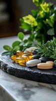 Natural supplements, omega-3 fish oil capsules and herbal pills arranged on black stone plate with fresh herbs and rosemary sprigs, wellness concept.