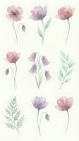 Watercolor floral elements set with pink purple flowers and green leaves isolated on white background for wedding invitations and spring designs.