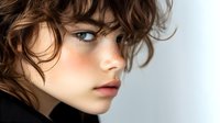 Young woman with curly brown hair and natural makeup in profile view against light background, showcasing soft feminine beauty and modern style.