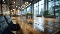 Modern office conference room with wooden table and leather chairs in bright corporate workspace with large windows and city view.
