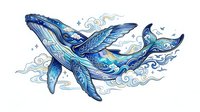 Majestic whale swimming through swirling clouds and stars, rendered in shades of blue and turquoise. Isolated clipart suitable for t-shirts, posters, and design projects.