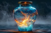 Mystical glass jar with glowing orange lightning energy trapped inside turquoise liquid, surrounded by ethereal fog and reflective water surface. Magical concept art.