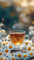 Glass cup of chamomile tea surrounded by fresh daisy flowers with golden bokeh background, creating serene atmosphere for wellness concept.