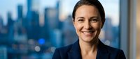 Professional businesswoman smiling confidently in modern office with city skyline background for corporate presentations and marketing materials.