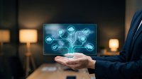 Businessman holding glowing digital interface with cloud computing icons, representing modern technology, connectivity, and data management solutions.