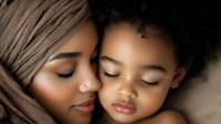 Loving African American mother wearing headwrap embracing young daughter in tender moment. Maternal bond, family connection, peaceful expression.