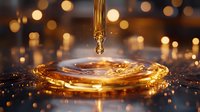 Golden liquid stream creating circular ripple effect on surface with warm bokeh lights and splashing droplets in dark atmospheric setting.