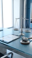Legal scales and gavel on modern office desk with documents and tablet for law firm consultation and judicial proceedings in professional attorney workspace.