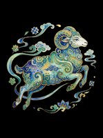Ornate ram with intricate swirling patterns in blue, gold, and green tones, isolated on transparent background. Ready for t-shirts, clipart, stickers, sublimation, and print-on-demand designs.