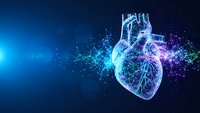 Digital human heart with glowing particles and network connections on blue background for medical technology and healthcare innovation concepts.