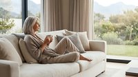 Mature woman with gray hair, Caucasian ethnicity, relaxing on beige sofa with coffee cup, enjoying mountain view through large windows with natural light and curtains.