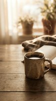 Steaming coffee mug on rustic wooden table with cozy morning sunlight streaming through window creating warm atmospheric home interior scene.