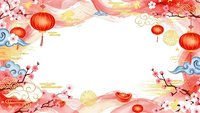 Traditional lunar new year frame with red lanterns, cherry blossoms, clouds and gold elements on white background for festive greeting cards and designs.