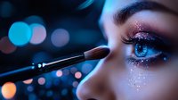 Close-up of woman with glitter makeup and blue eyes having eyeshadow applied with brush against blurred bokeh lights background.