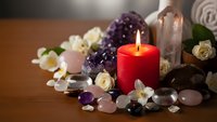 Spa wellness setup with red candle, amethyst crystals, white roses and jasmine flowers on wooden surface for relaxation and meditation therapy.
