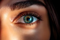 Close-up of bright turquoise eye with long eyelashes and defined eyebrow in warm lighting, capturing intricate iris detail and natural skin texture.