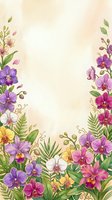 Watercolor orchid floral border frame with colorful purple, pink, yellow blooms and tropical leaves on beige background with copy space.