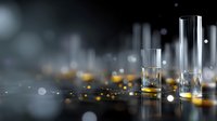 Laboratory glass test tubes with golden liquid on dark background with bokeh lights and reflective surface, scientific research concept.