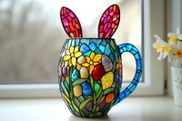Colorful stained glass bunny mug with floral pattern featuring daffodils and tulips in mosaic style, photographed near window with soft natural lighting and spring flowers.