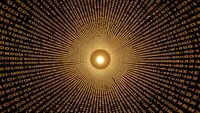 Golden digital tunnel with radiating binary code streams creating perspective depth toward bright central sphere for technology and data visualization concepts.