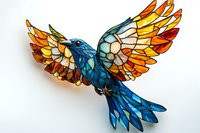 Stained glass style flying bird with spread wings in vibrant blue, orange and yellow colors on white background, mosaic decorative art piece.