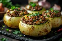 Stuffed kohlrabi filled with seasoned minced meat and vegetables, garnished with fresh herbs on dark slate background, selective focus food photography.