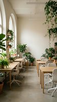 Modern office workspace with wooden desks, ergonomic chairs, and abundant potted plants creating a biophilic environment. Natural light from arched windows illuminates the contemporary interior design.
