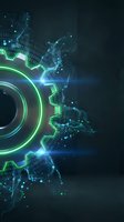 Digital gear mechanism with glowing green circuits and binary code particles on dark background for technology and innovation concepts.