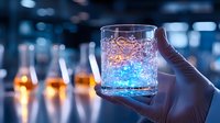 Glowing blue cocktail in crystal glass held by gloved hand against blurred bar background with amber drinks, creating magical mixology atmosphere.