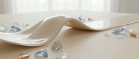 Ceramic wavy dish with scattered gemstones on neutral surface, suitable for product photography, home decor styling, and luxury lifestyle design projects.