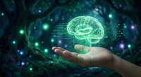 Hand holding glowing green digital brain hologram with circuit patterns against dark futuristic background with light effects for AI technology concepts.