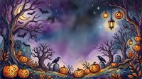 Spooky autumn night scene with carved jack-o-lantern pumpkins, bare twisted trees, flying bats, and glowing lanterns under a starry purple sky. Perfect for seasonal designs.