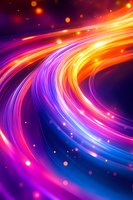 Vibrant neon light trails swirling in dynamic motion with glowing particles and bokeh effects creating futuristic energy flow on dark background.