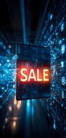 Digital tablet displaying glowing red SALE text against blue technology network background with icons, perfect for online shopping promotions.