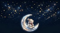 Teddy bear sleeping peacefully on a glowing crescent moon surrounded by twinkling stars in a dark night sky. Suitable for nursery decor, children's book illustrations, and bedtime-themed designs.