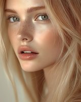 Close-up portrait of young blonde woman with freckles, natural makeup, blue eyes and slightly parted lips against soft background. Gentle beauty concept.