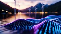 Digital wave visualization with glowing blue and purple particle grid floating over water surface against mountain silhouette and wind turbines at sunset.