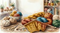 Knitting supplies arranged on wooden surface with yarn balls in warm and cool tones, scissors, needles, and partially completed golden sweater, ideal for craft and hobby projects.