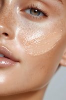 Close-up of young Asian woman's face with dewy glowing skin, freckles, and glossy moisturizer streak across cheek showing skincare application technique.