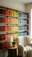 Cozy reading nook with rainbow organized bookshelf, comfortable armchair and warm lighting in modern home library interior for relaxation and study.
