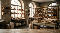 Rustic pottery studio with shelves displaying handmade ceramic vessels, clay pots, and earthenware pieces near arched windows with natural light.